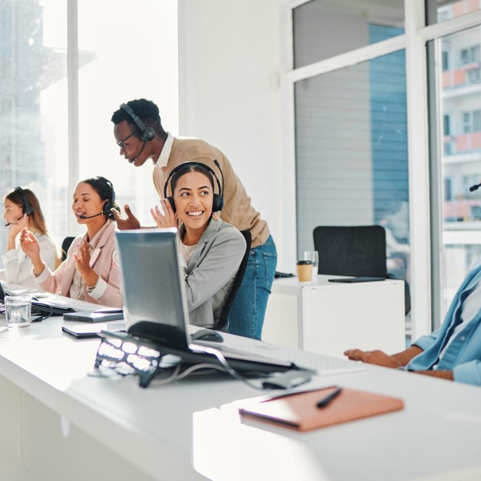 Call center, computer training and people or manager with technical support, system management and